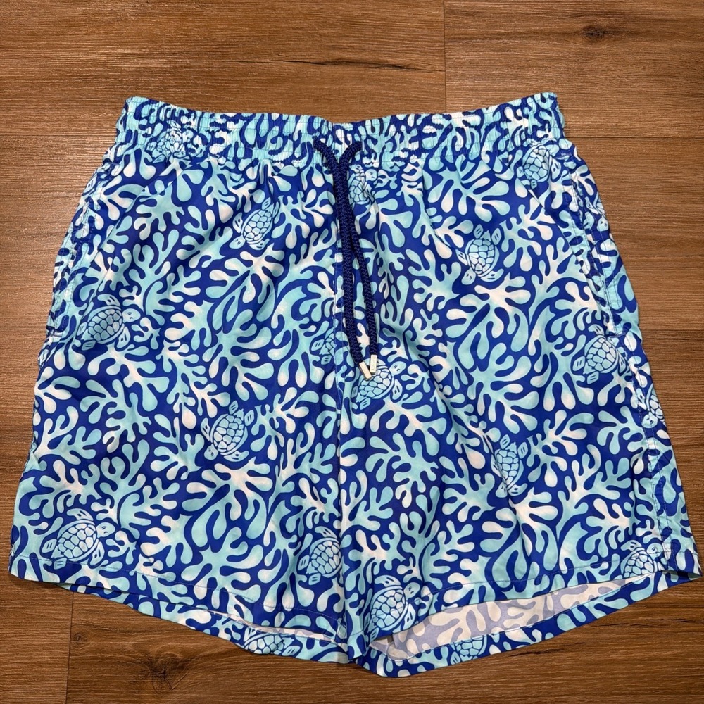 Vilebrequin Men's Size XL Swim Trunks Shorts Turtle Splash $325 Blue Bleu De Mer